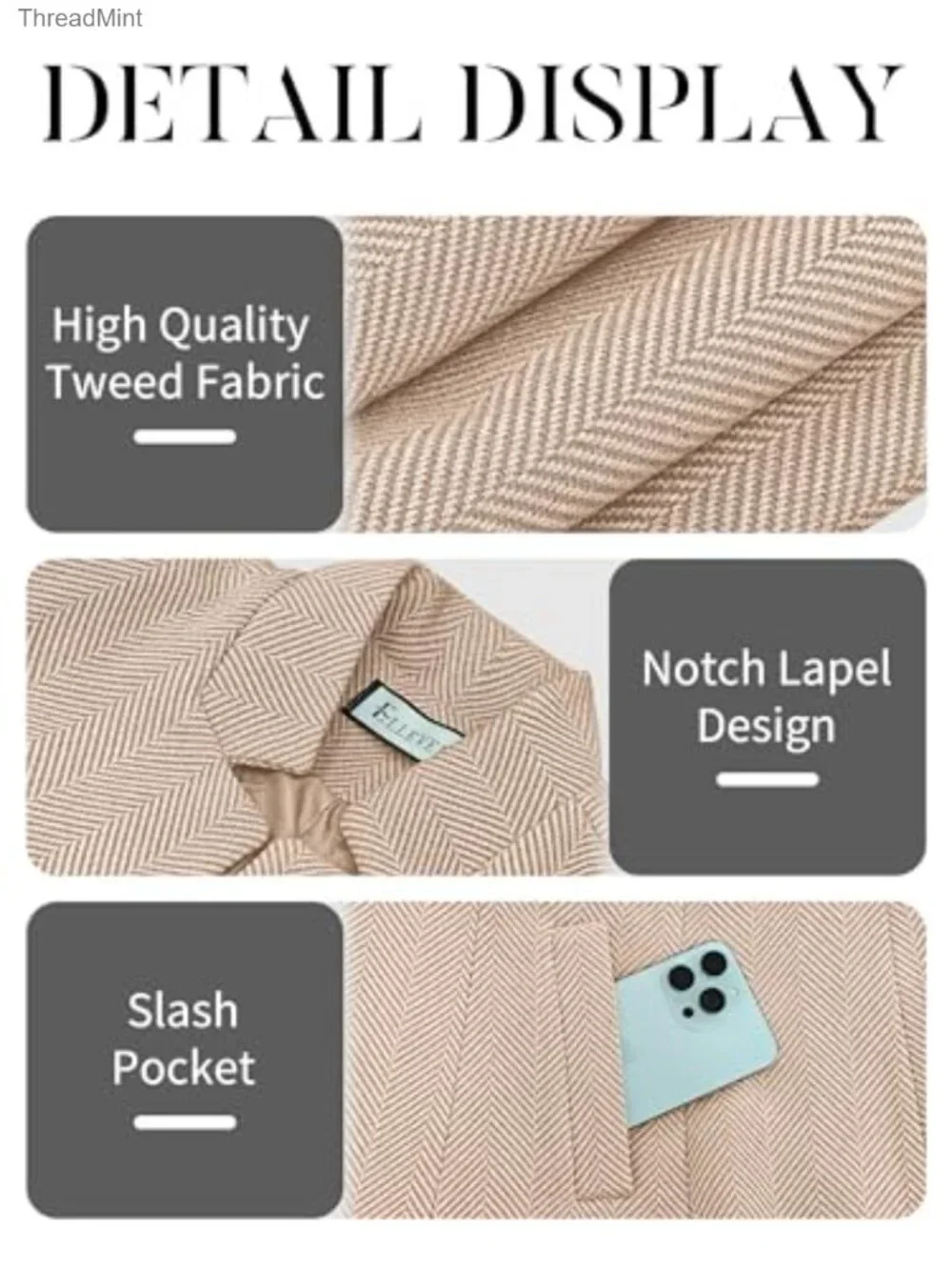 Women's Open Front Herringbone Blazer Long Sleeve Full Lining Padded Shoulders